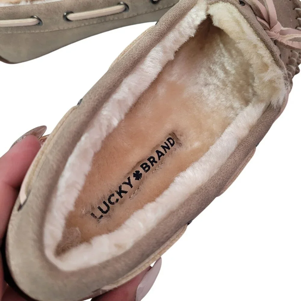 Lucky Brand Youth Girls Moccasin Slippers Size 1 Faux Fur Lined Taupe